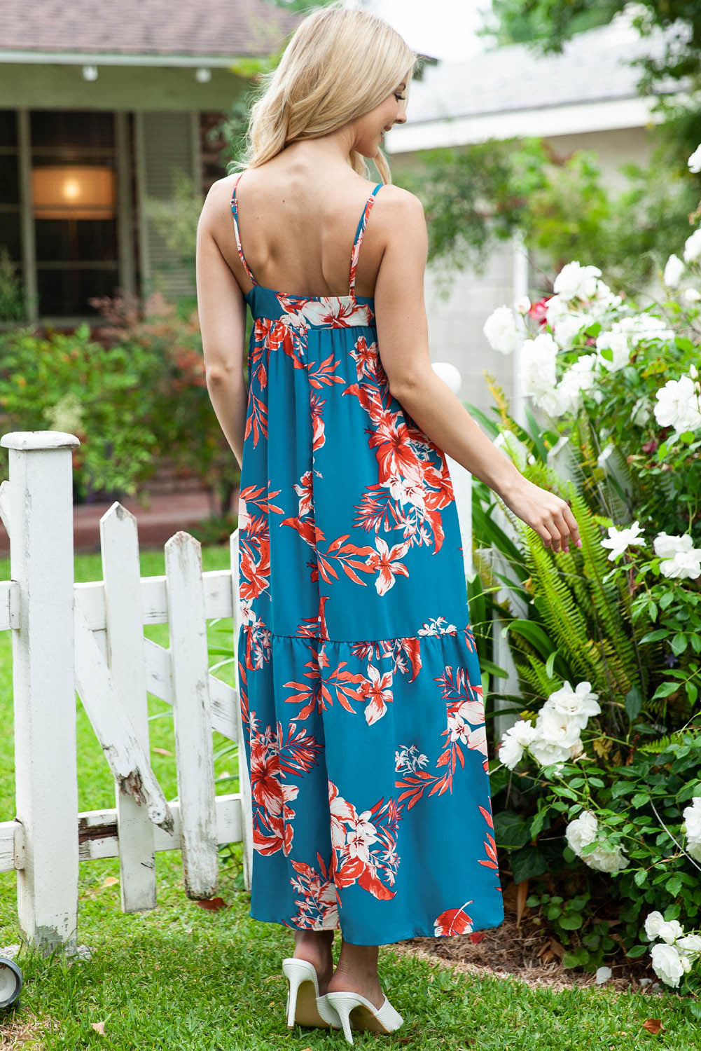 Sky Blue Strappy Open Back Floral Maxi Dress, Summer, Vacation, Bohemian