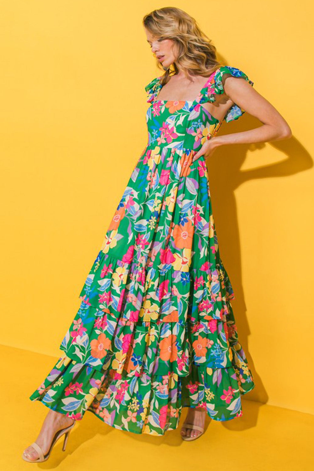 Green Boho Floral Print Ruffle Sleeveless Tiered Maxi Dress