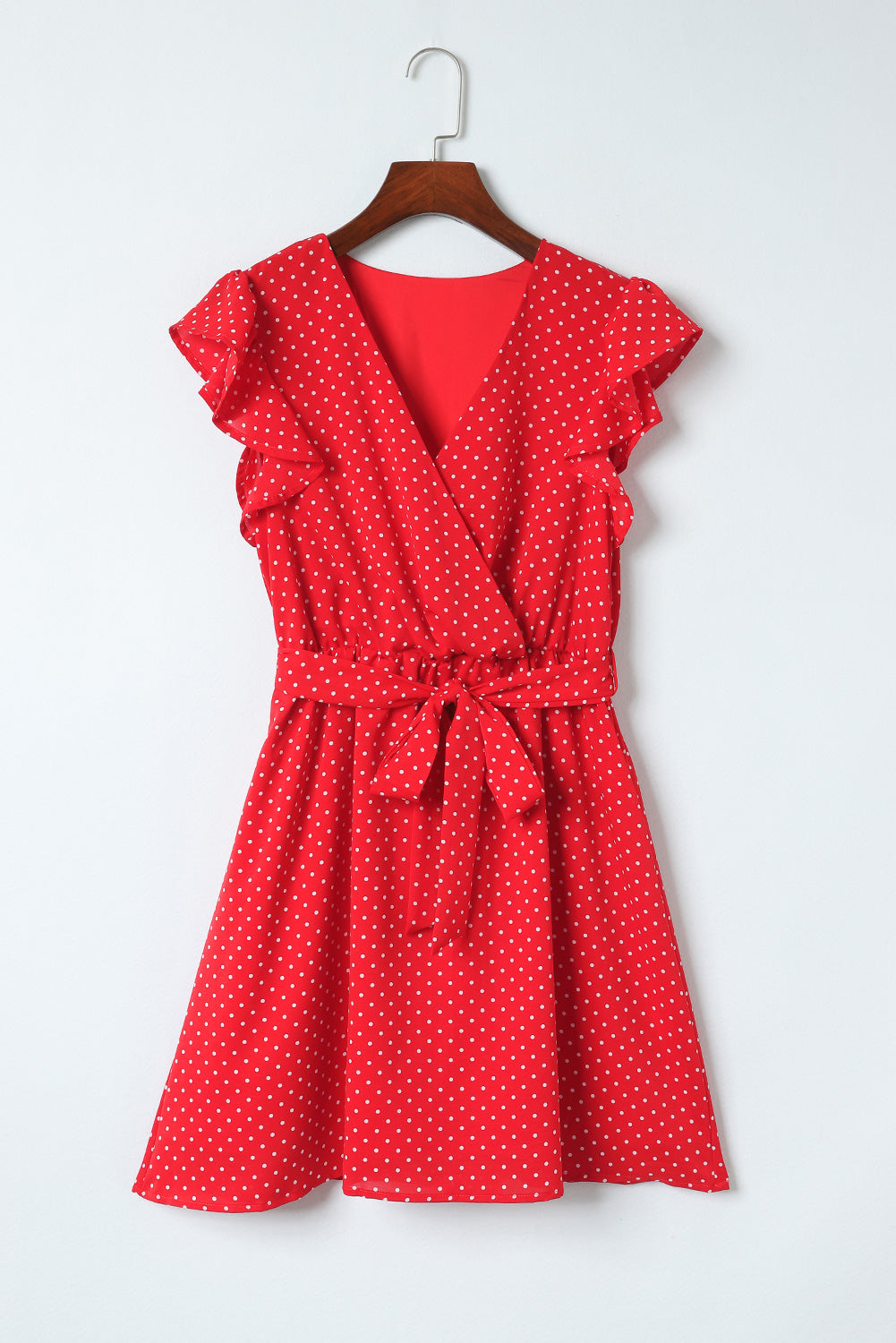 Red Polka Dot V Neck Ruffle Sleeve Short Dress