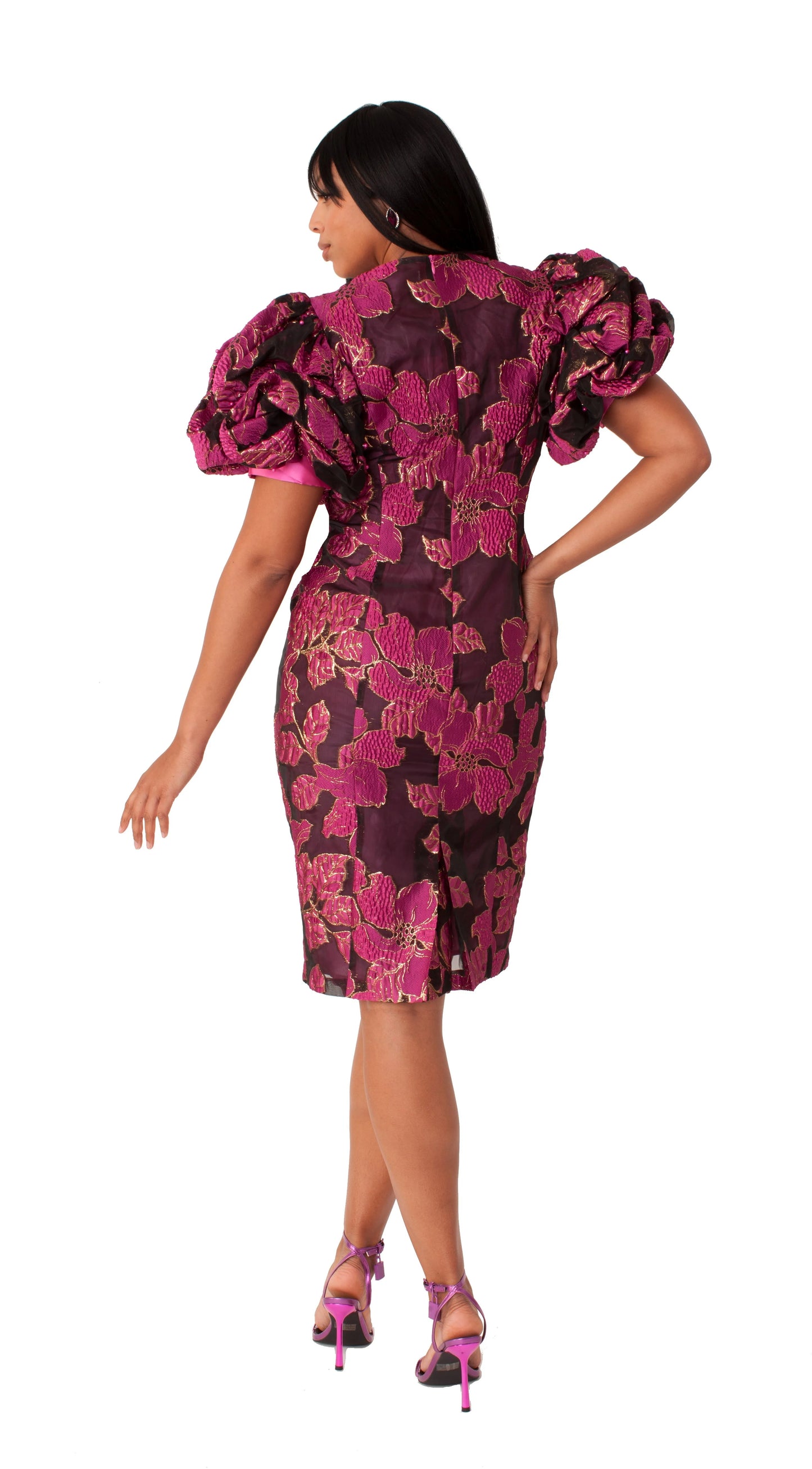 Chancelle Floral Jacquard Statement Sleeve Dress