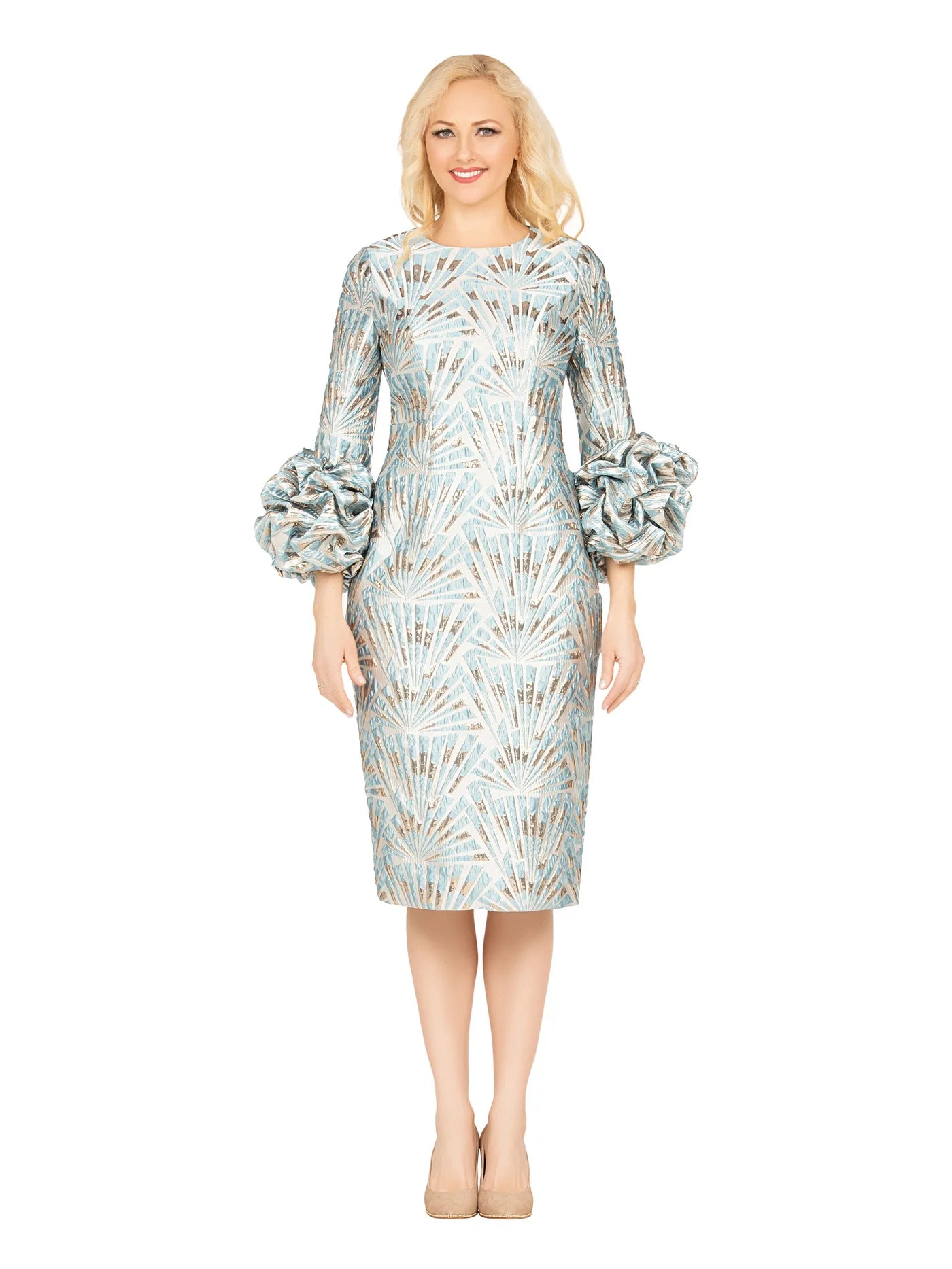 Brocade Shift Dress With Balloon Cuff Sleeve