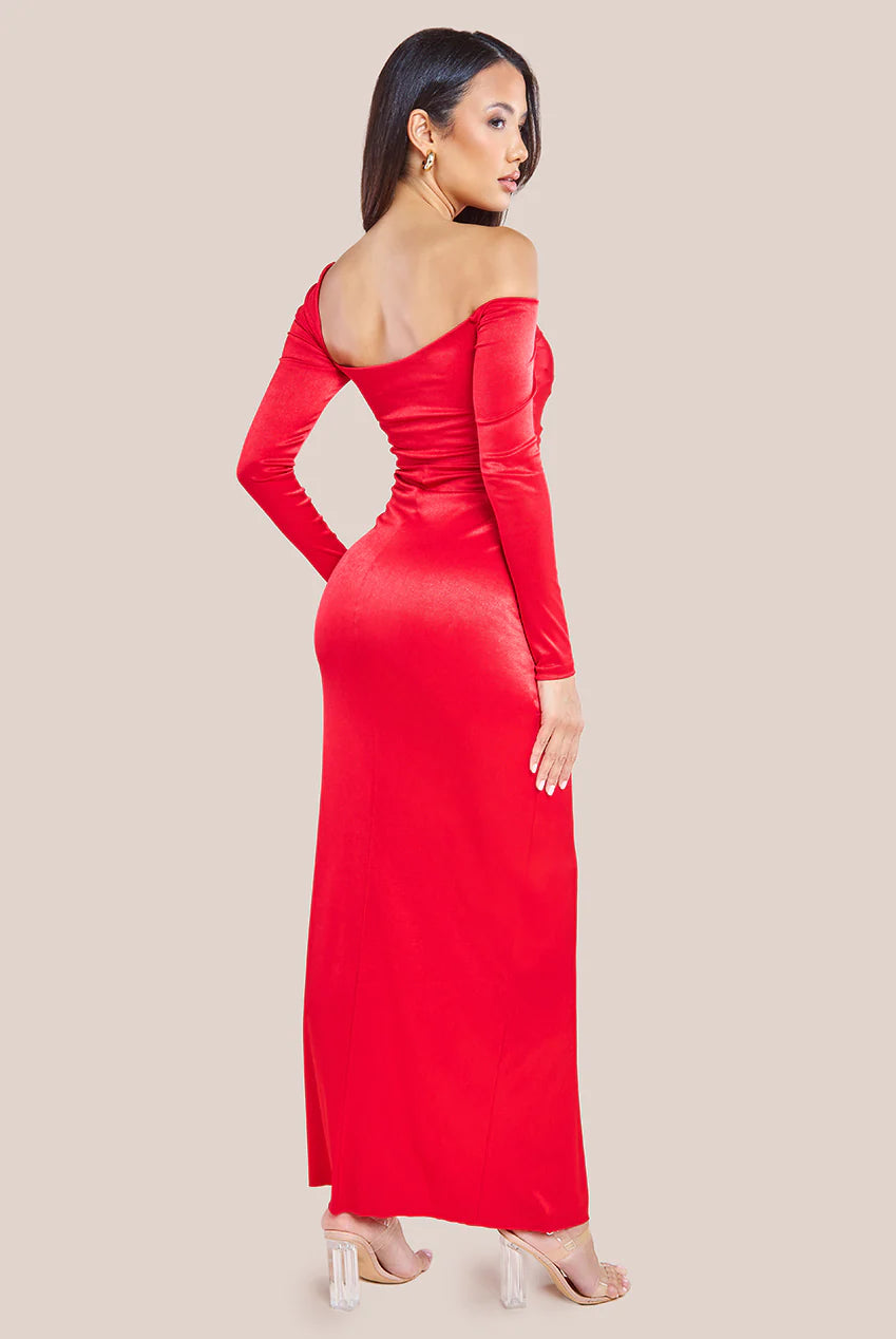 Goddiva Slinky Satin One Shoulder Split Dress