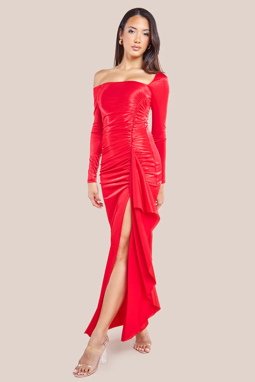 Goddiva Slinky Satin One Shoulder Split Dress