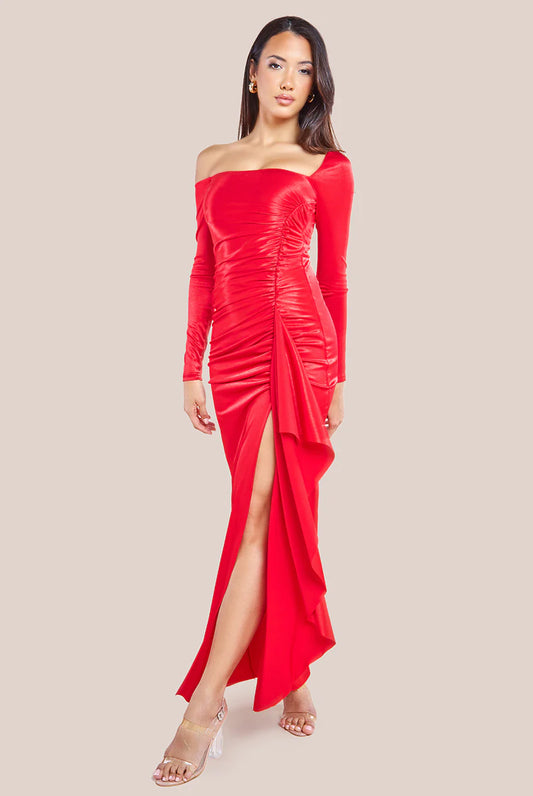 Goddiva Slinky Satin One Shoulder Split Dress