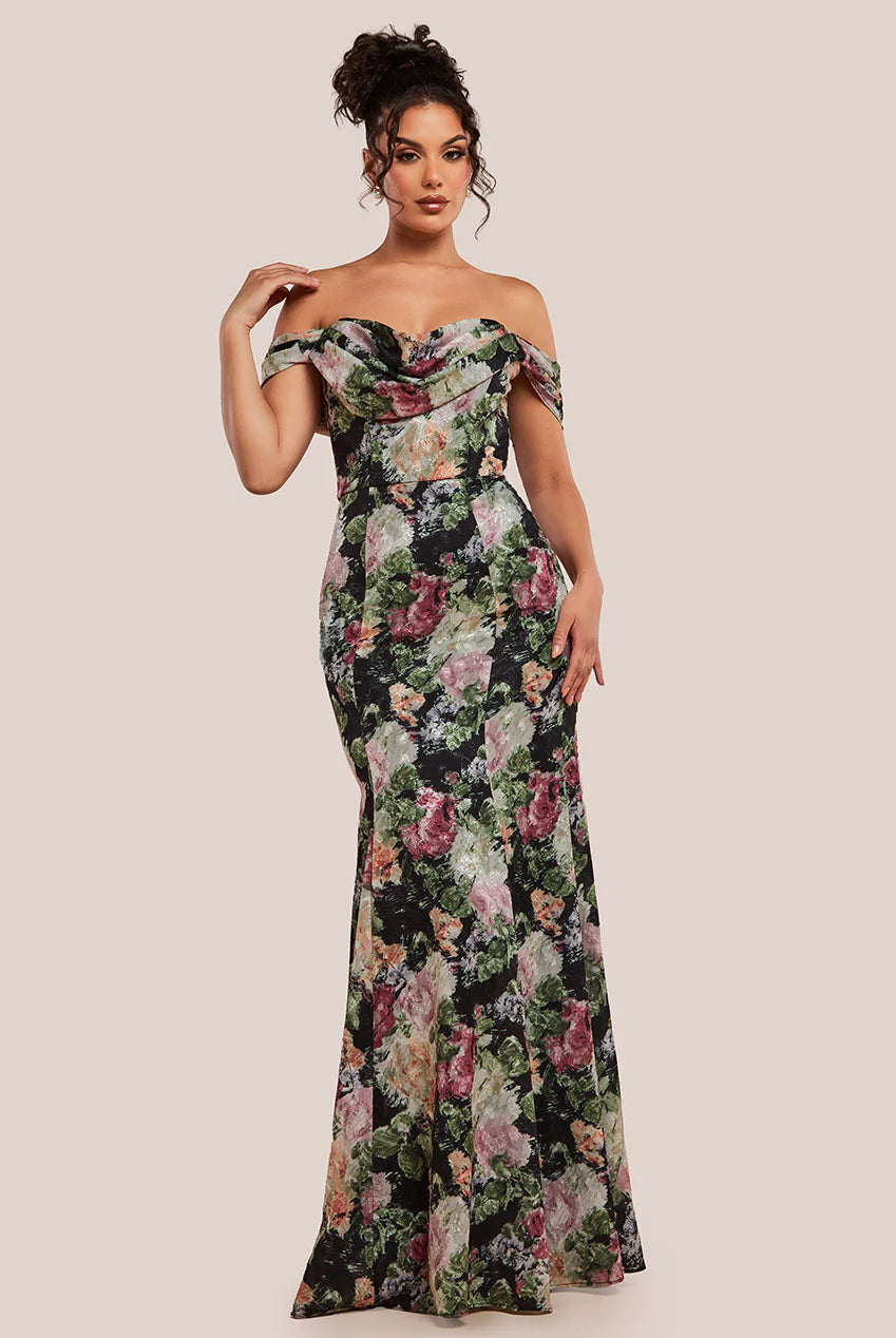 Cowl Neck Floral Print Jacquard Chiffon Dress