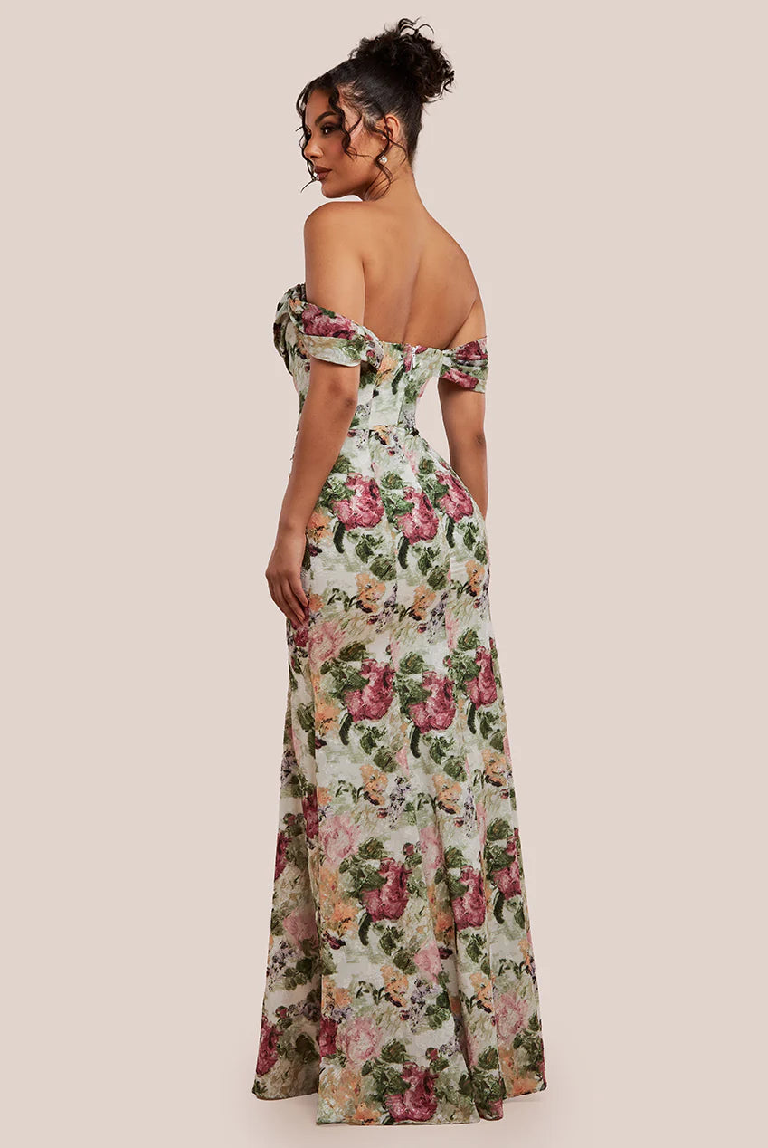 Cowl Neck Floral Print Jacquard Chiffon Dress