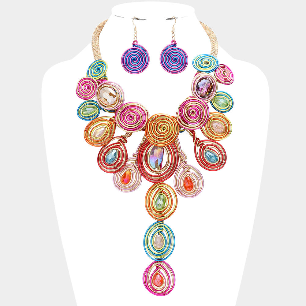 Bead Accented Swirl Metal Wire Statement Necklace and Earring Set