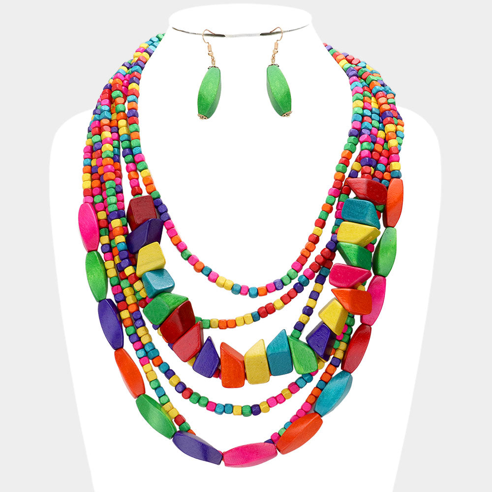 Wooden Beaded Multi Layered Necklace and Earring Set