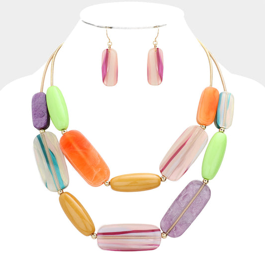 Marbled Beaded Double Layered Bib Necklace and Matching Earring