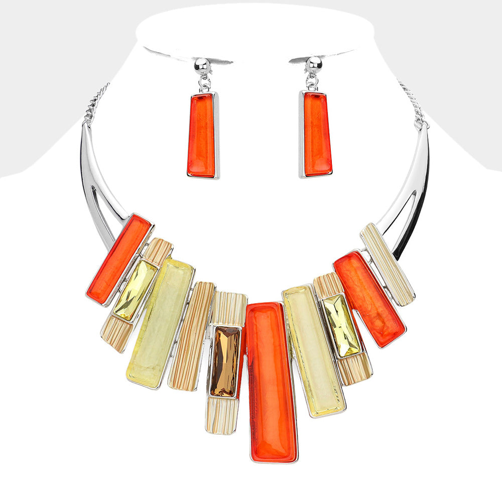 Rectangle Stone Pointed Colored Metal Necklace and Matching Earring