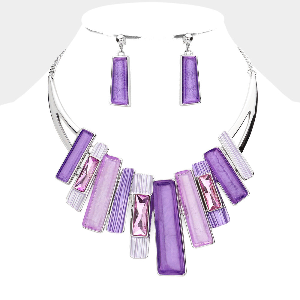 Rectangle Stone Pointed Colored Metal Necklace and Matching Earring