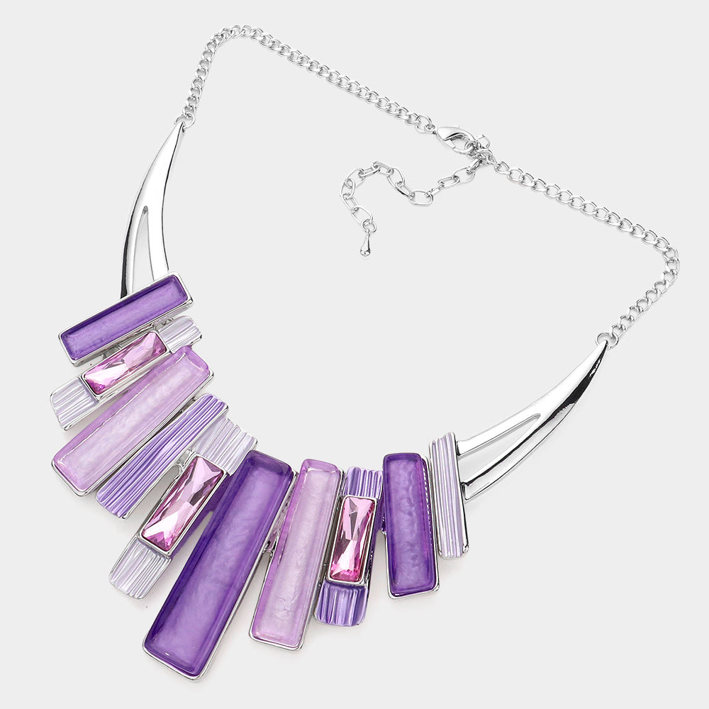 Rectangle Stone Pointed Colored Metal Necklace and Matching Earring