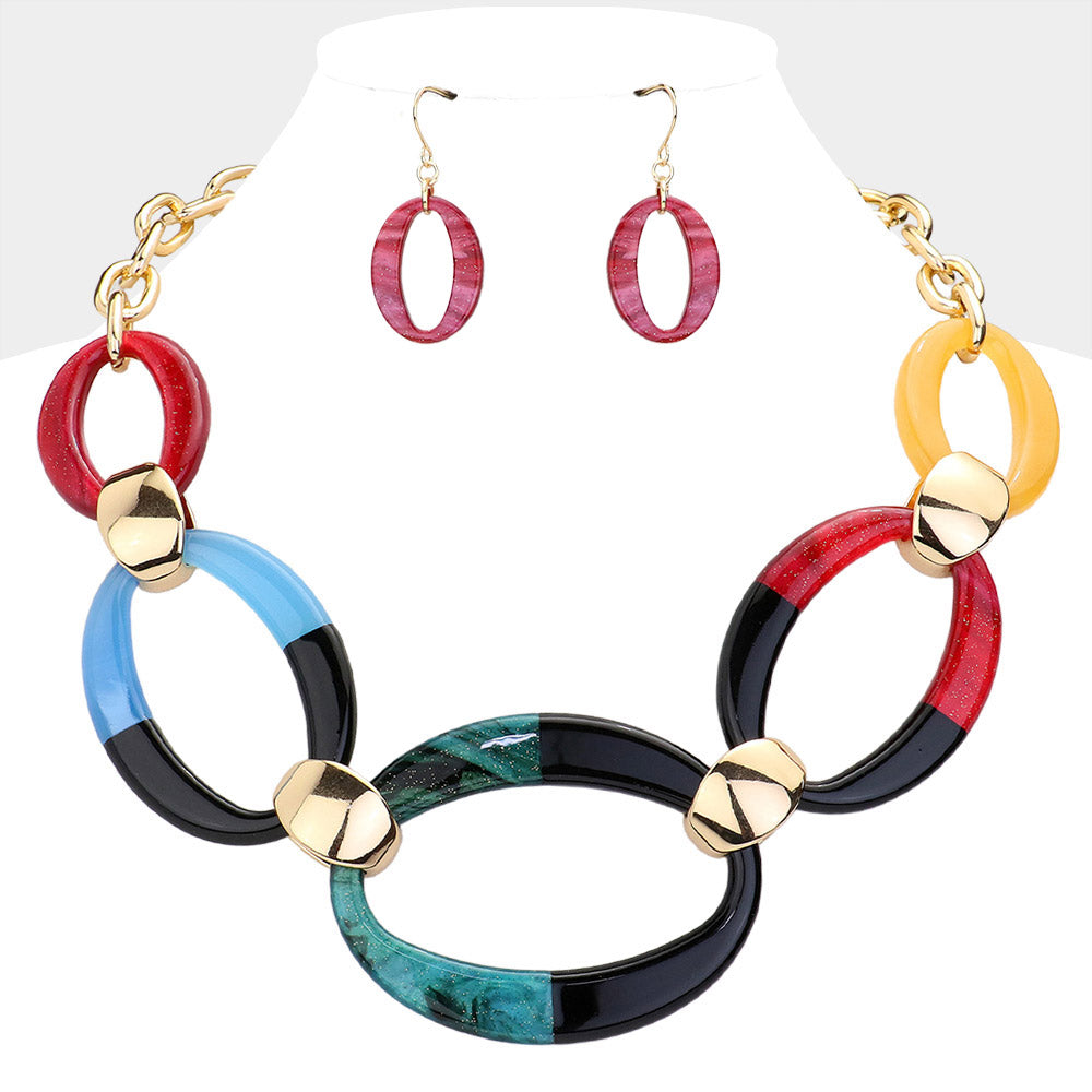 Celluloid Acetate Resin Open Oval Link Statement Necklace Set