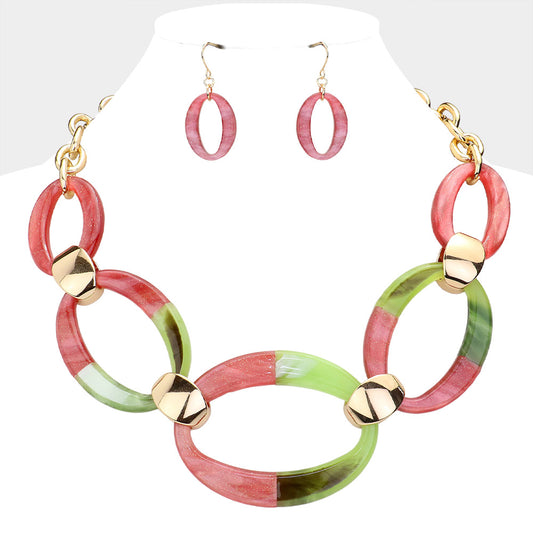 Celluloid Acetate Resin Open Oval Link Statement Necklace Set