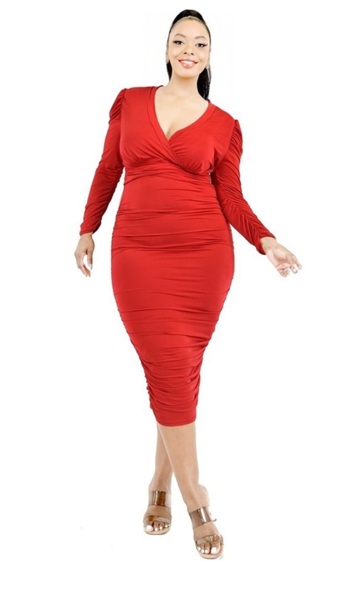 Ladies Plus Size 3/4 Sleeve Shirred Dress