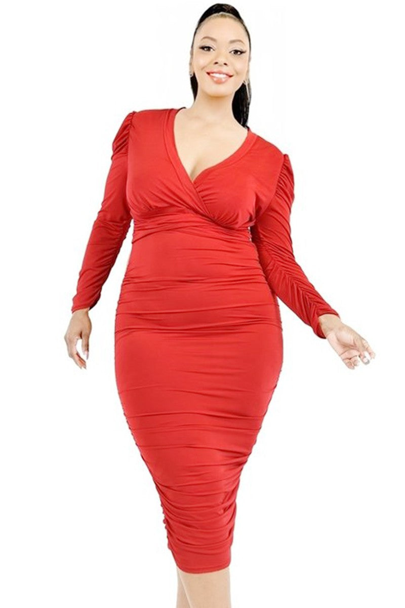 Ladies Plus Size 3/4 Sleeve Shirred Dress