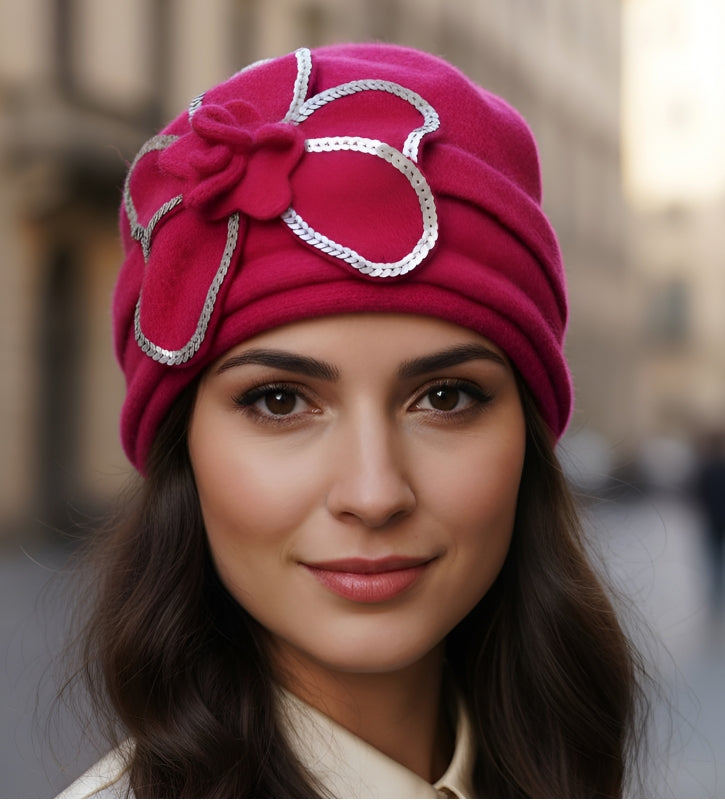 Wool cloche hat with sequined flower corsage