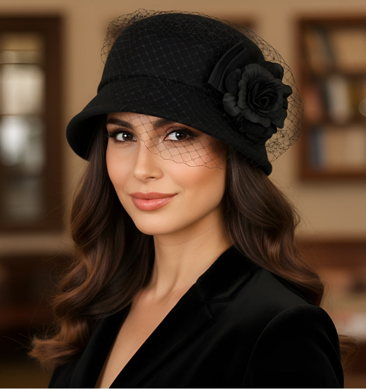 Flower veil cloche hat Black