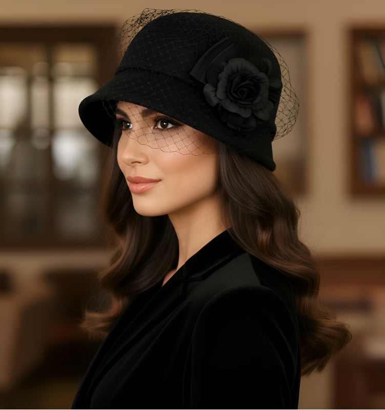 Flower veil cloche hat Black