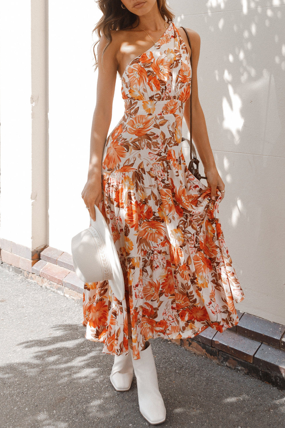 Orange Floral Print Pleated Asymmetric Neck High Waist Maxi Dress