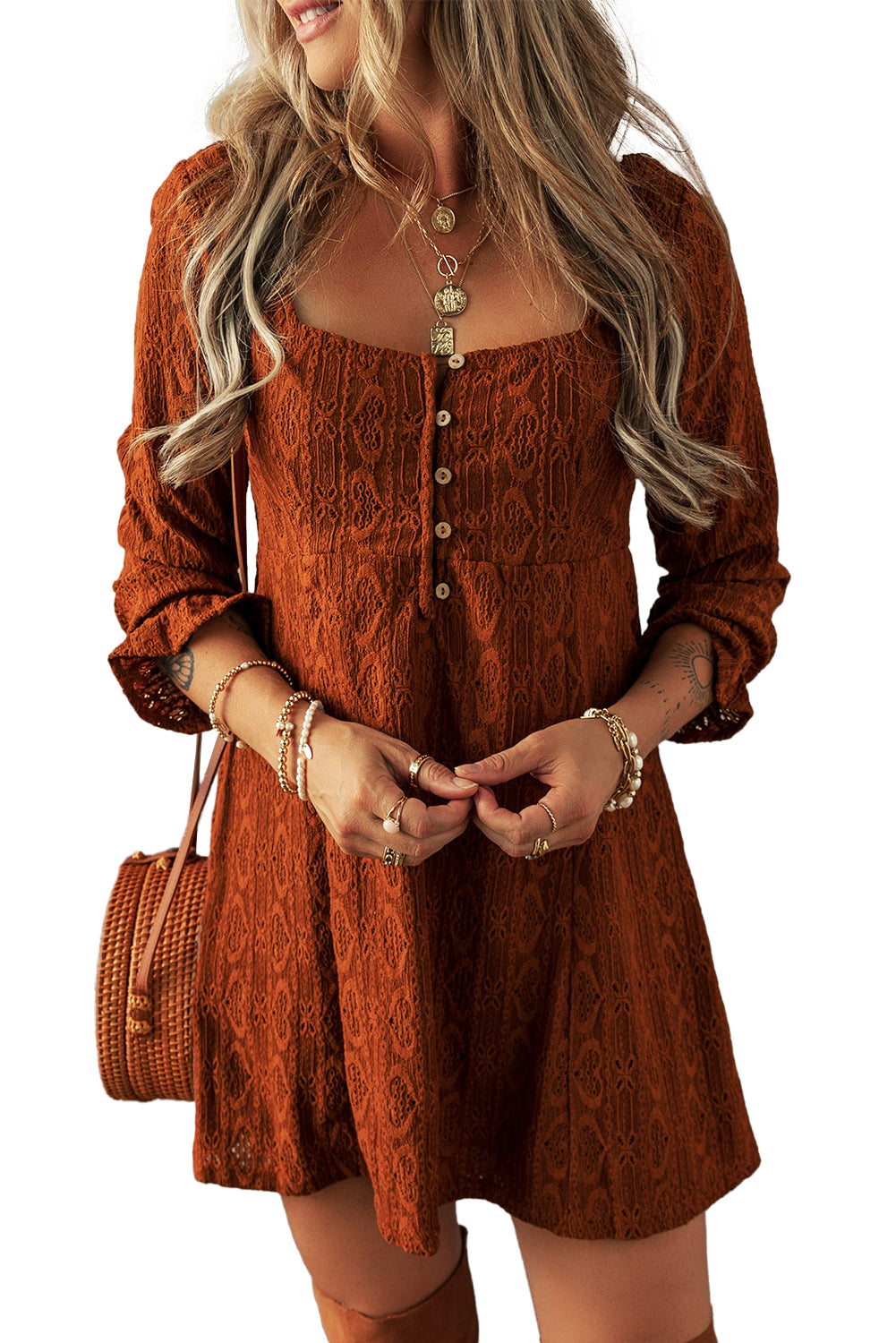 Chestnut Lace Crochet Buttoned Square Neck Mini Dress