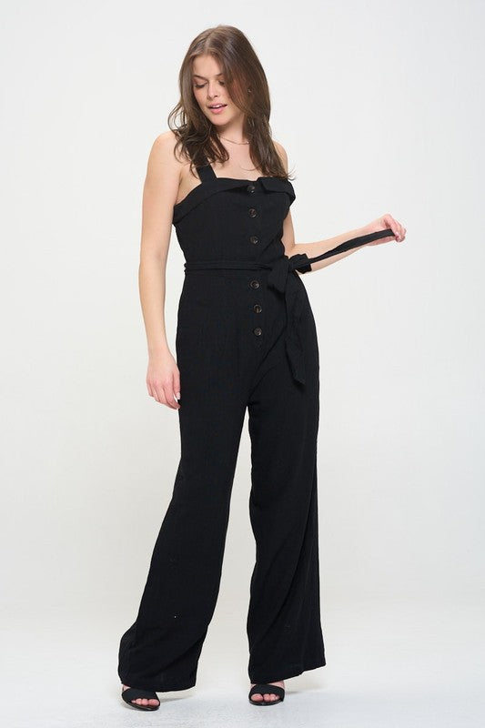 SLEEVELESS ADJUSTABLE STRAP BUTTON DOWN JUMPSUIT