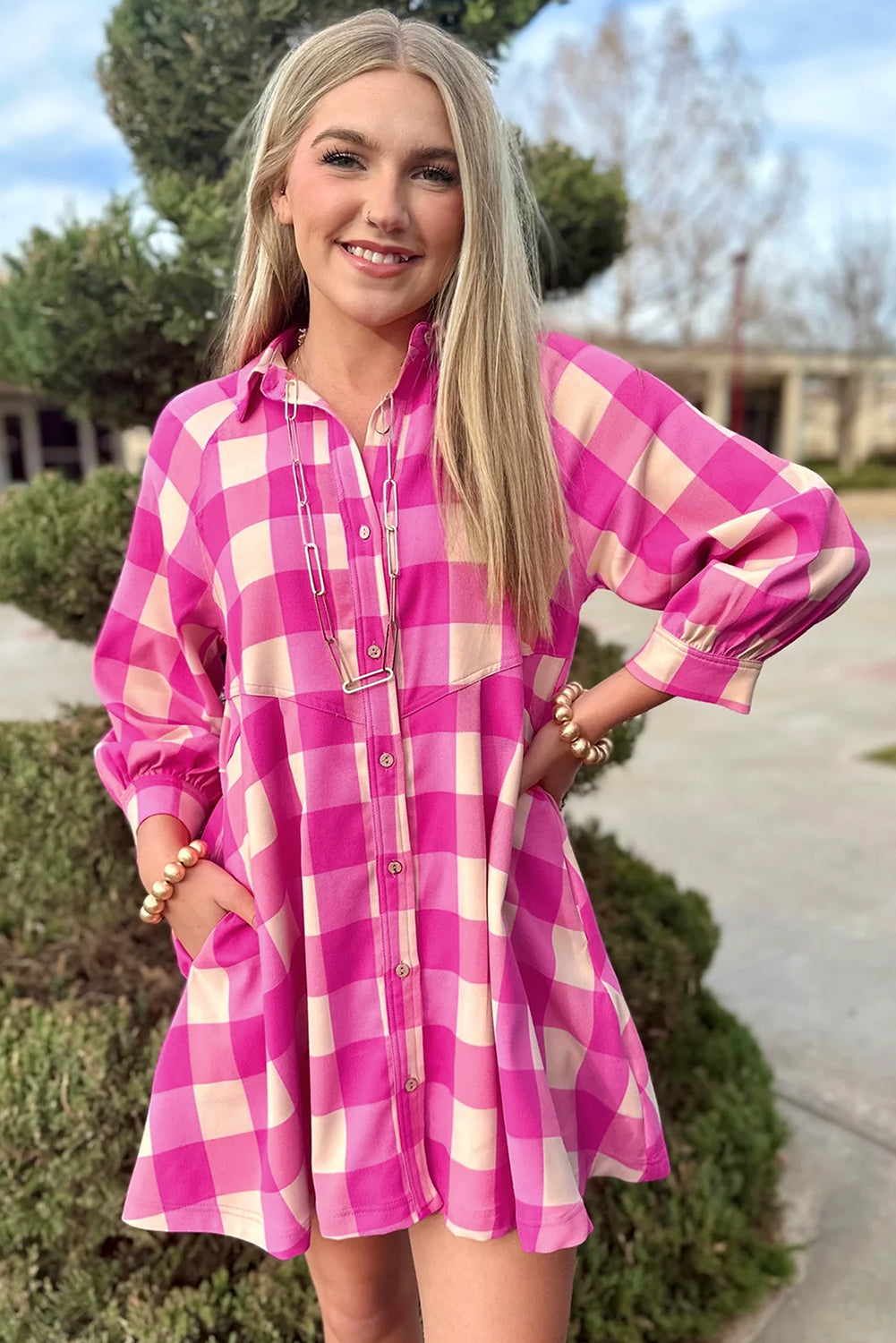 Rose Red Hidden Pocket Plaid Button Down Shirt Dress