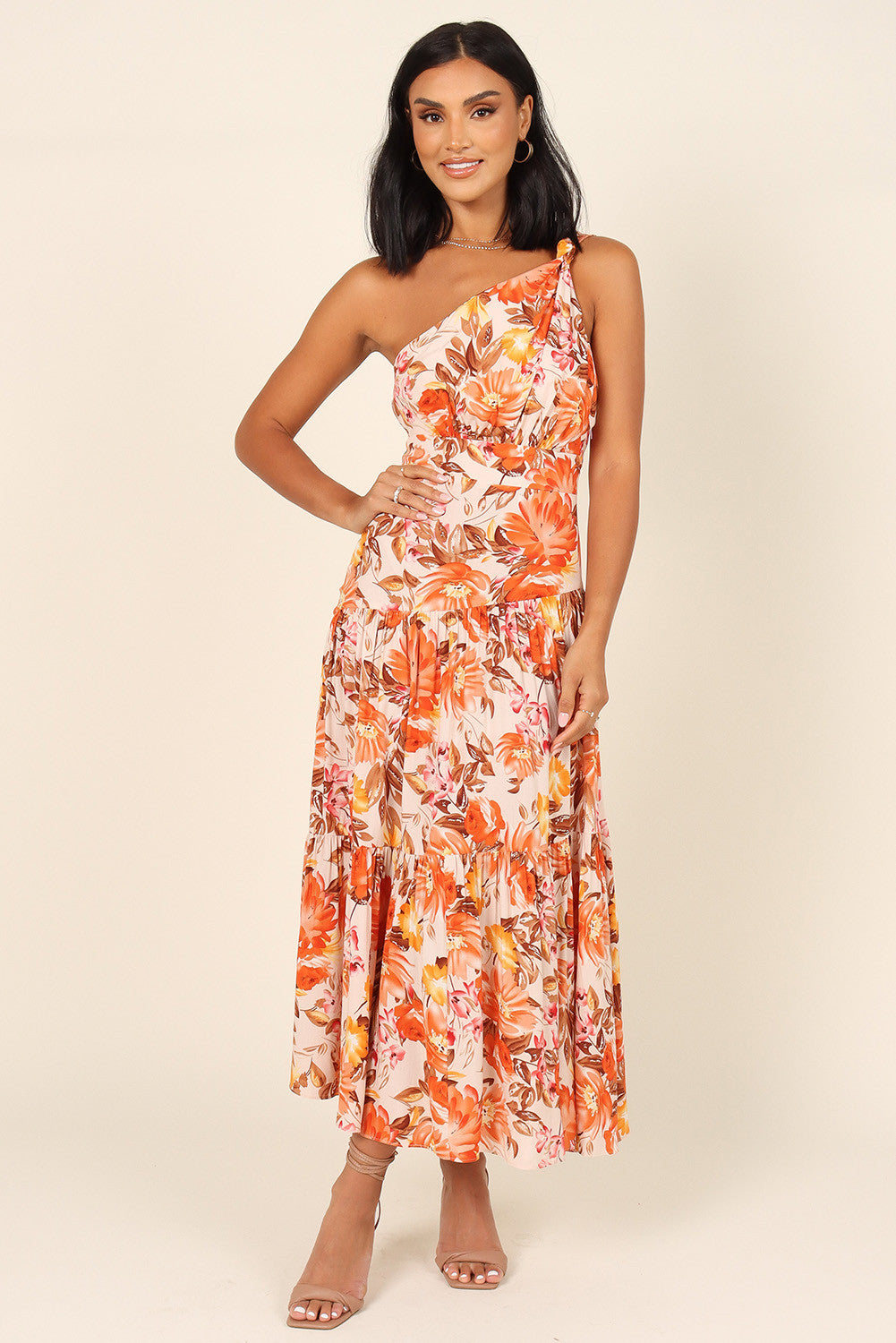 Orange Floral Print Pleated Asymmetric Neck High Waist Maxi Dress