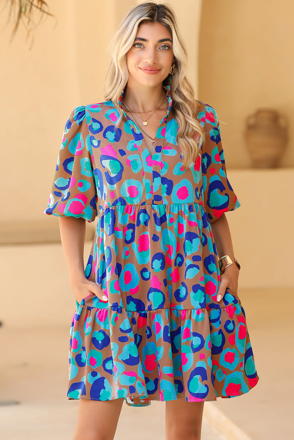 Green Waterclolor Print Bubble Sleeve Frilled V Neck Mini Ruffle Dress