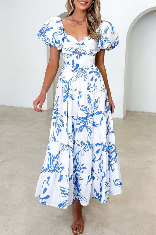 White Floral Print Bubble Sleeve Swing High End Dresses