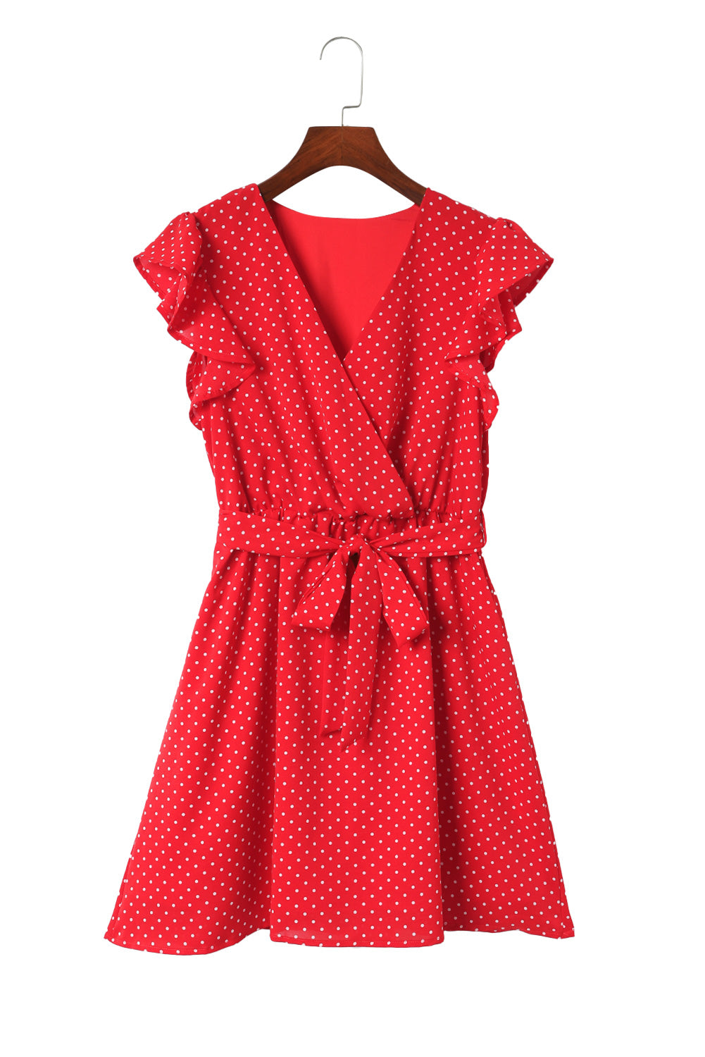 Red Polka Dot V Neck Ruffle Sleeve Short Dress