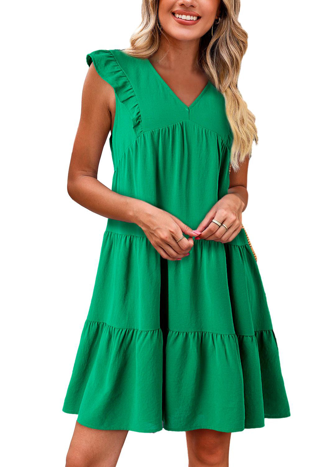 Bright Green V-Neck Ruffle Tiered Mini Dress