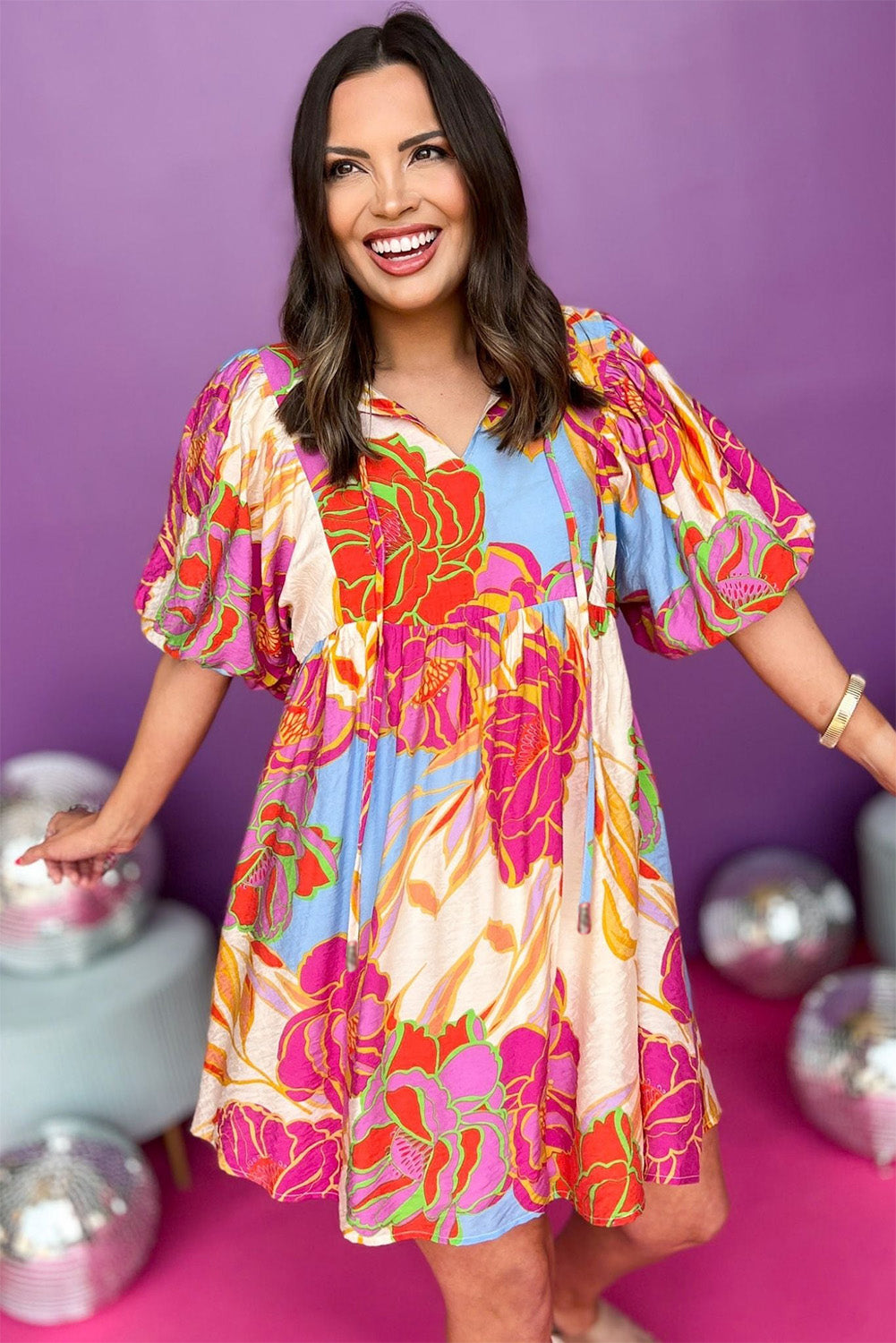 Rose Floral Lantern Sleeve Tied Split Neck Mini Dress