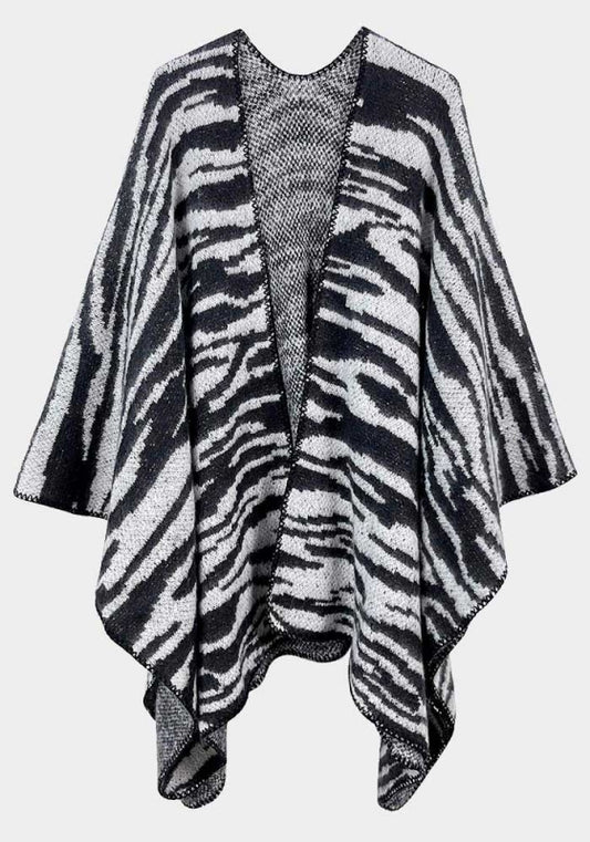 Zebra Open Front Knit Woven Kimono Poncho Wrap