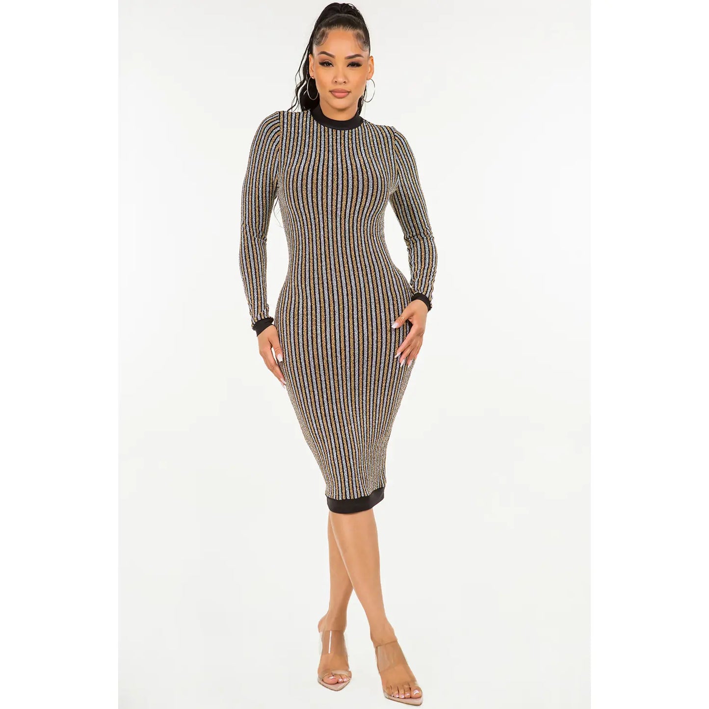 Elegant Stripe Glitter Back Zipper Midi Bodycon Dress