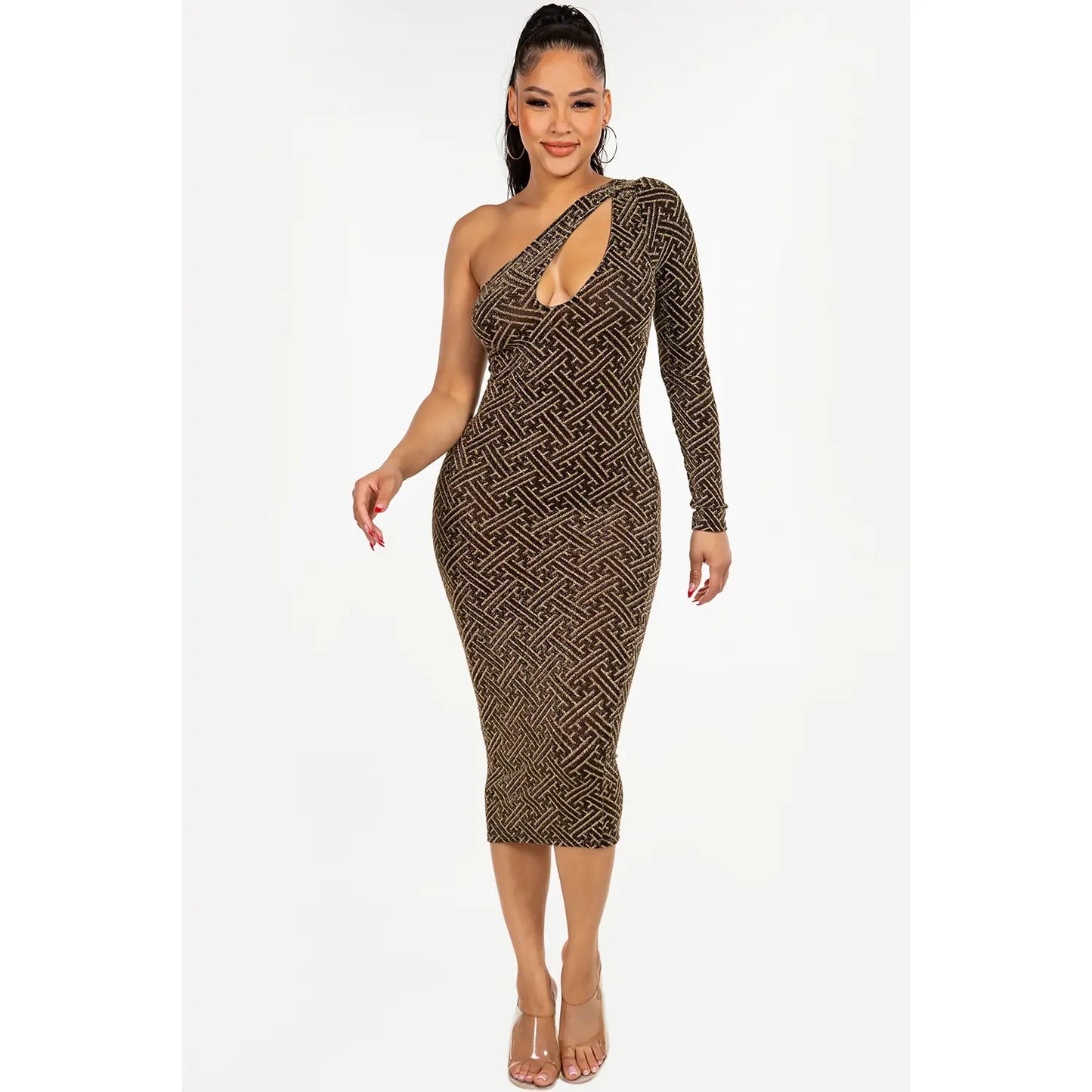 Elegant One Shoulder Cut Out Glitter Midi Dress