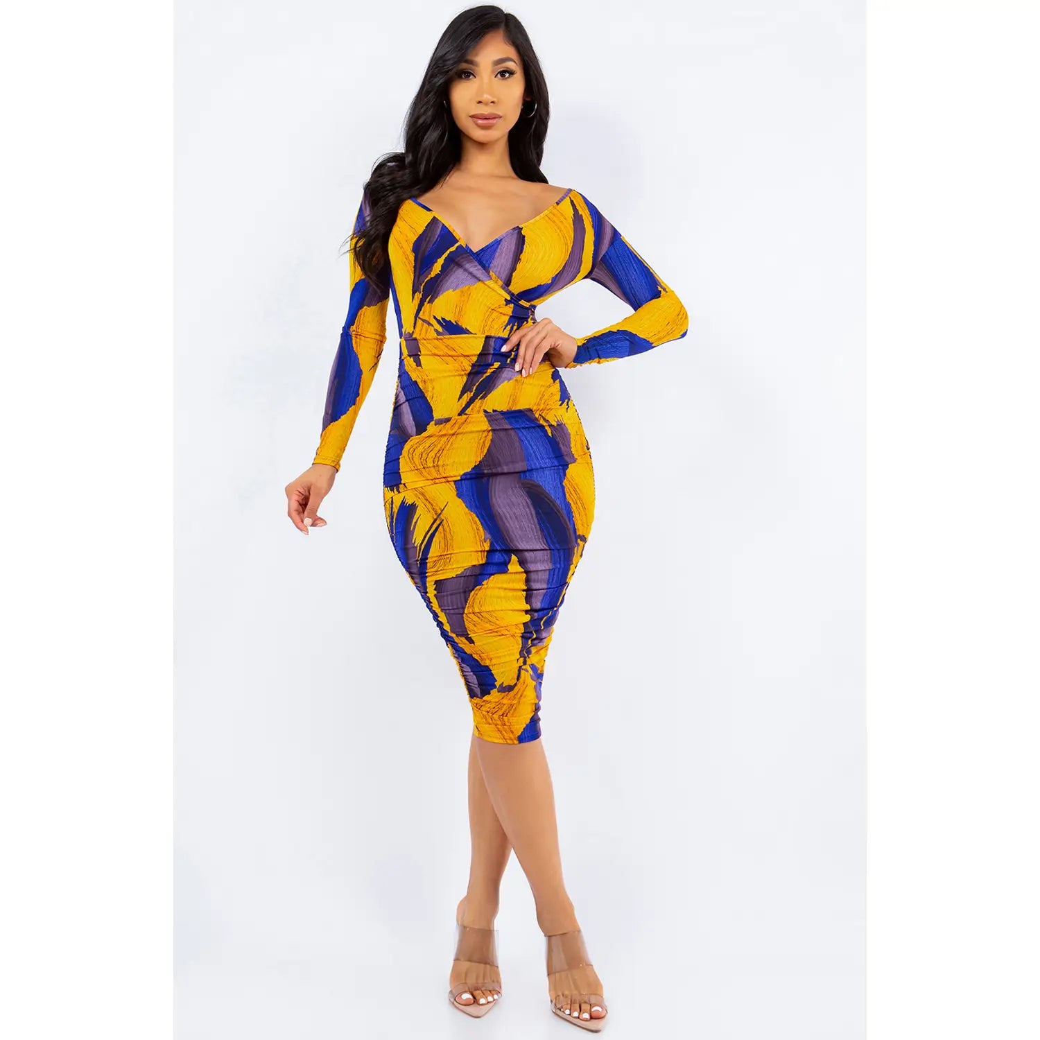 Off Shoulder Wrap Ruched Midi Dress – Ambassadors Clothing