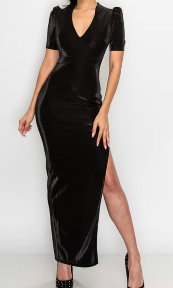 Velvet Puff Shoulder Side Slit Maxi Dress